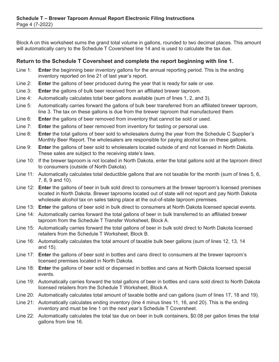 Instructions for Schedule T Brewer Taproom Annual Electronic Report - North Dakota, Page 4