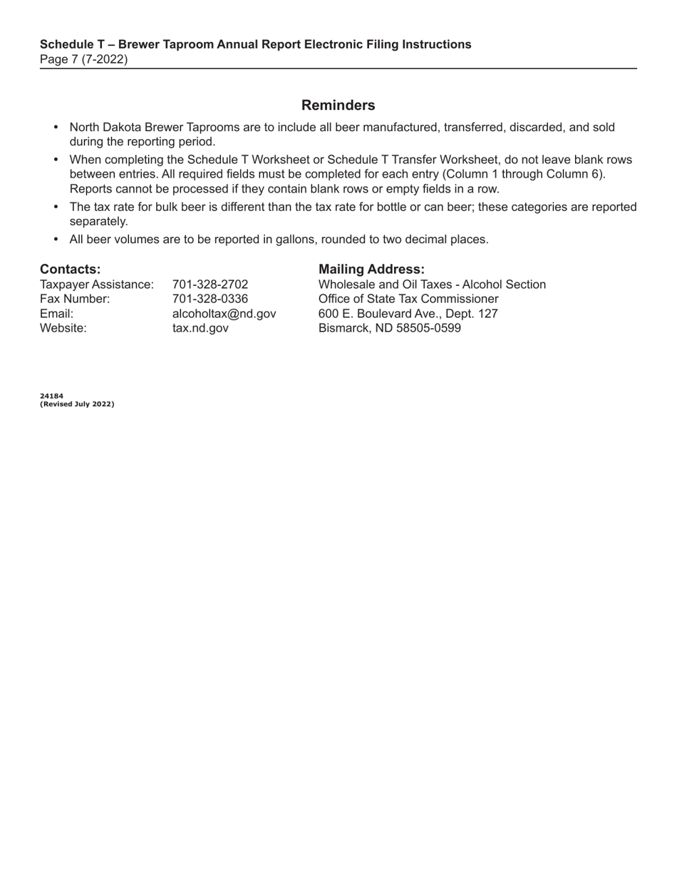 Instructions for Schedule T Brewer Taproom Annual Electronic Report - North Dakota, Page 7
