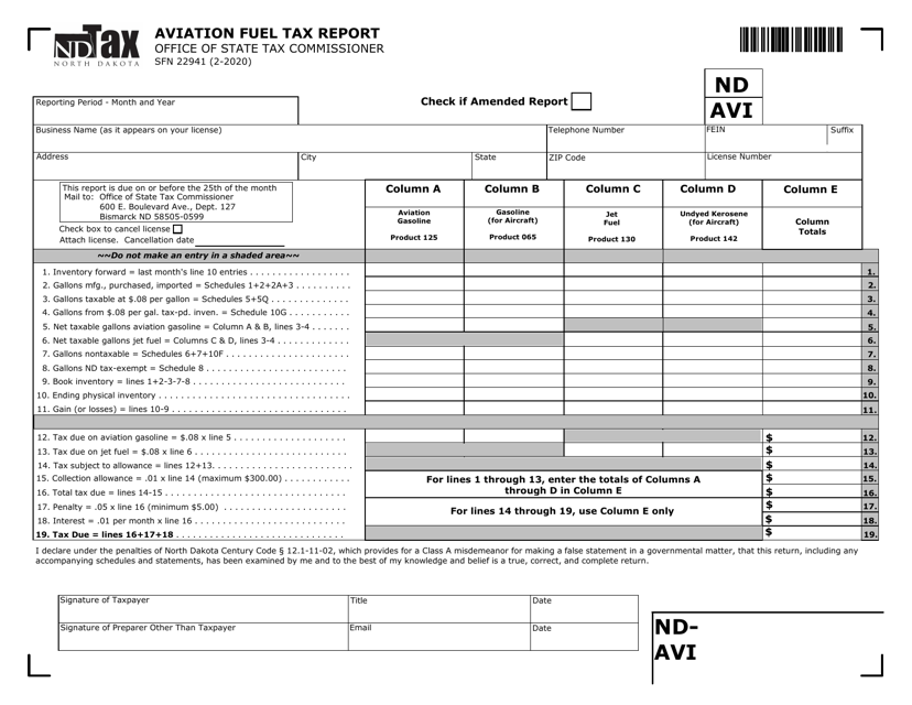 Form ND-AVI (SFN22941) Aviation Fuel Tax Report - North Dakota