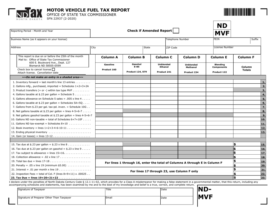 Form ND-MVF (SFN22937) Motor Vehicle Fuel Tax Report - North Dakota, Page 1
