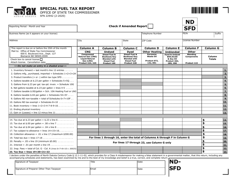 Form ND-SFD (SFN22942) Special Fuel Tax Report - North Dakota