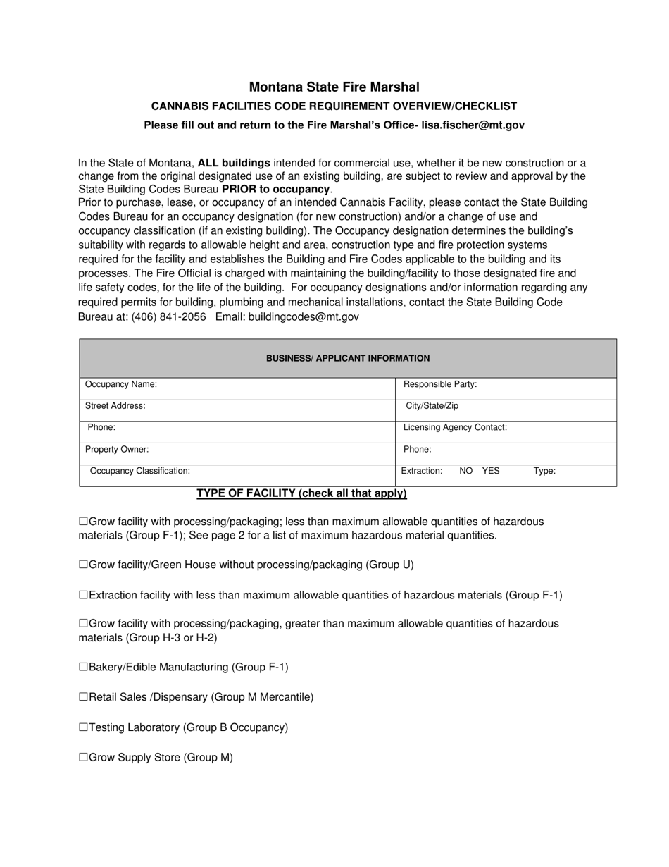 Montana Cannabis Facilities Code Requirement Overview/Checklist Fill