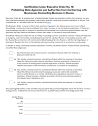 Document preview: Certification Under Executive Order No.16 Prohibiting State Agencies and Authorities From Contracting With Businesses Conducting Business in Russia - New York