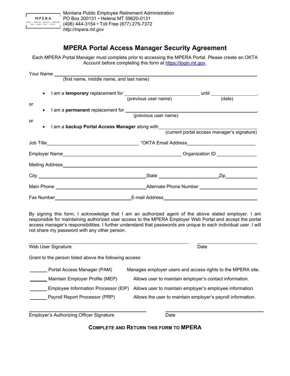 Montana Mpera Portal Access Manager Security Agreement Fill Out, Sign
