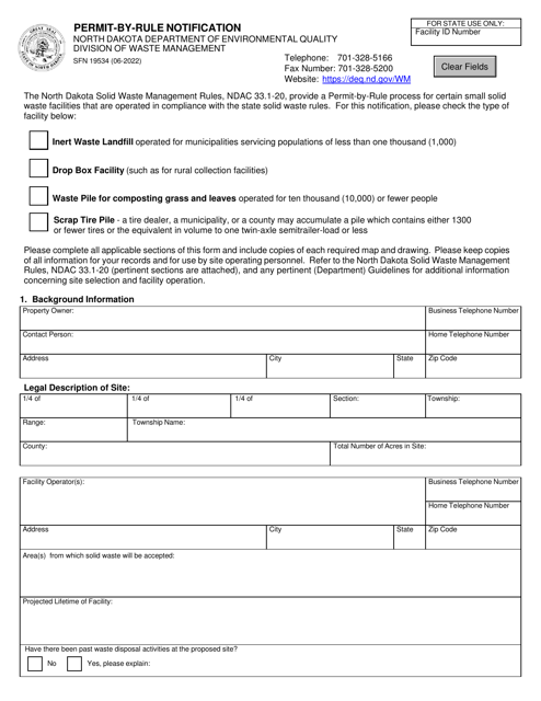 Form SFN19534 Permit-By-Rule Notification - North Dakota
