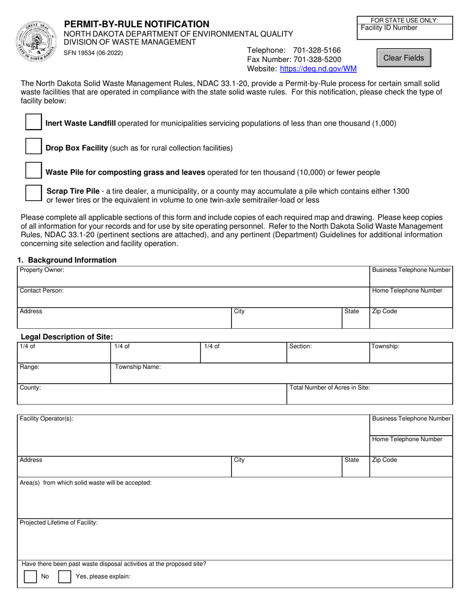 Form SFN19534 Permit-By-Rule Notification - North Dakota, Page 1