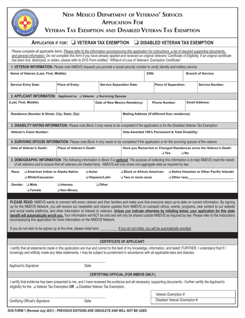 DVS Form 1 Application for Veteran Tax Exemption and Disabled Veteran Tax Exemption - New Mexico