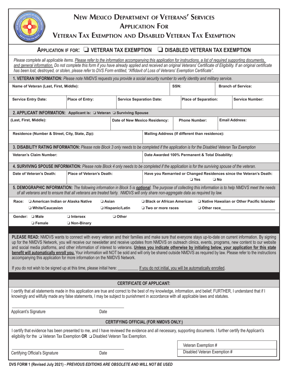 DVS Form 1 Application for Veteran Tax Exemption and Disabled Veteran Tax Exemption - New Mexico, Page 1