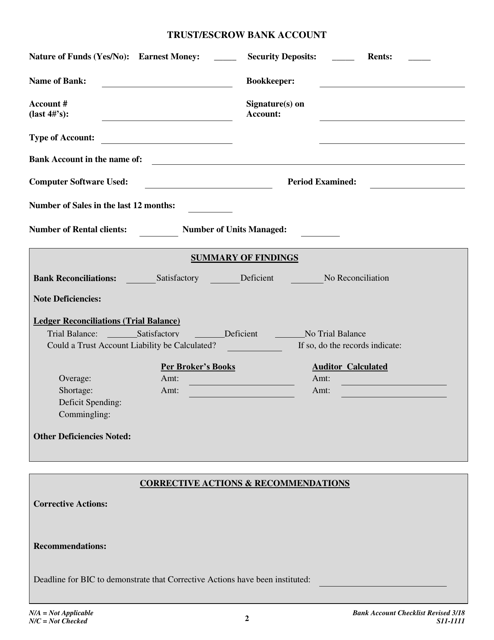 Form S11-1111 Trust/Escrow Bank Account Checklist - North Carolina