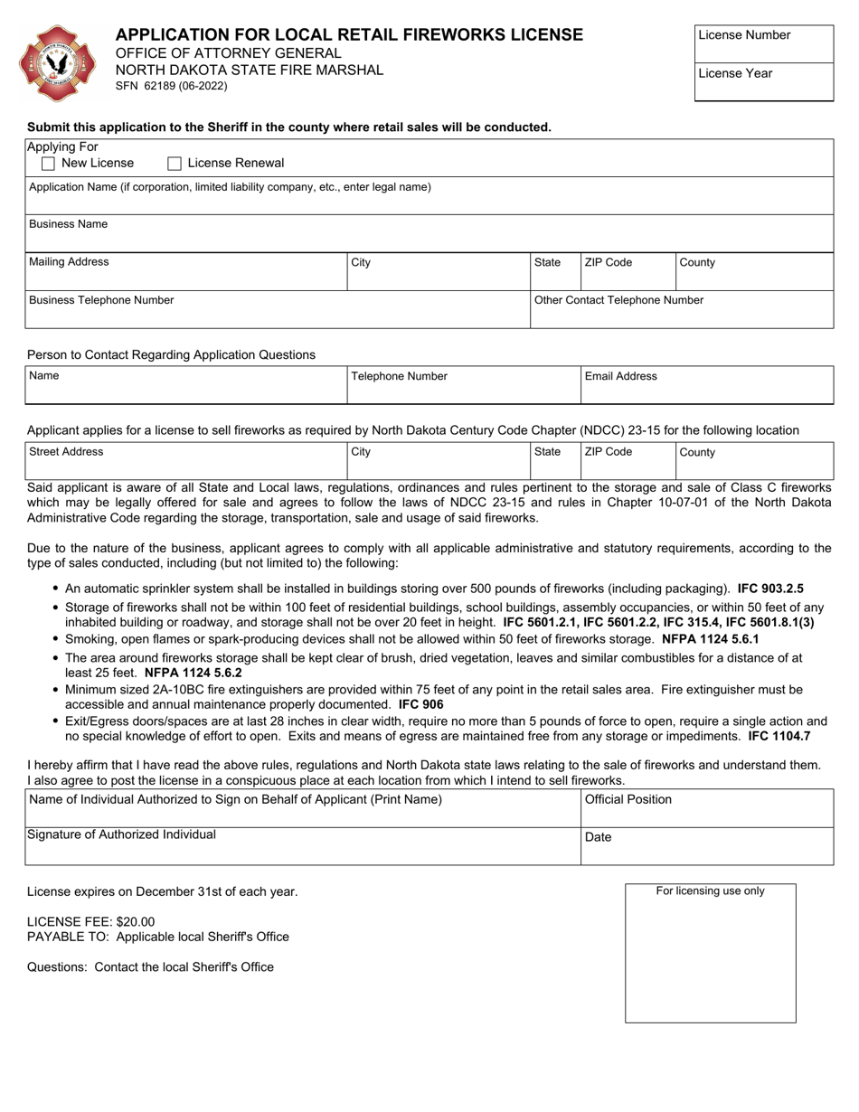 Form SFN62189 Application for Local Retail Fireworks License - North Dakota, Page 1