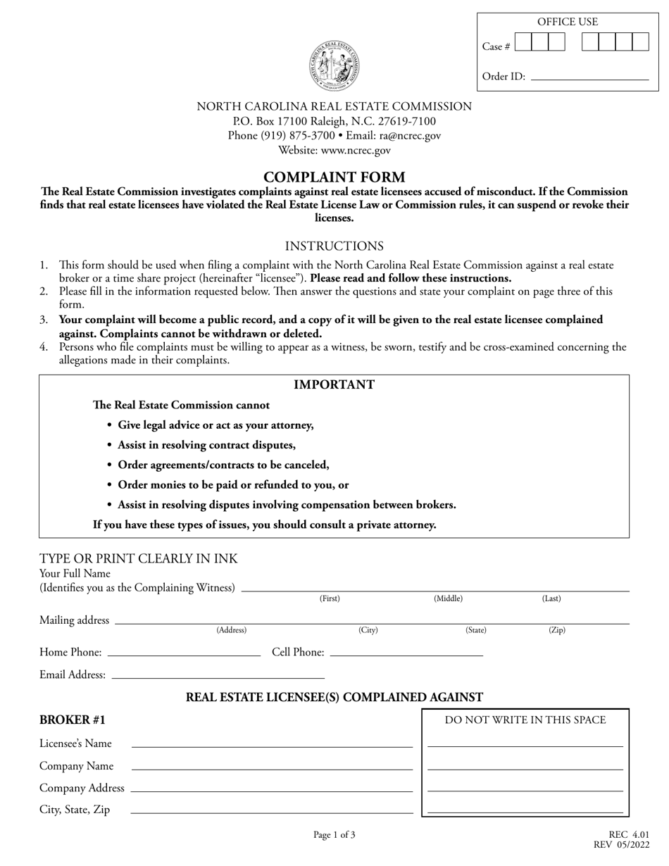 Form REC4.01 Complaint Form - North Carolina, Page 1