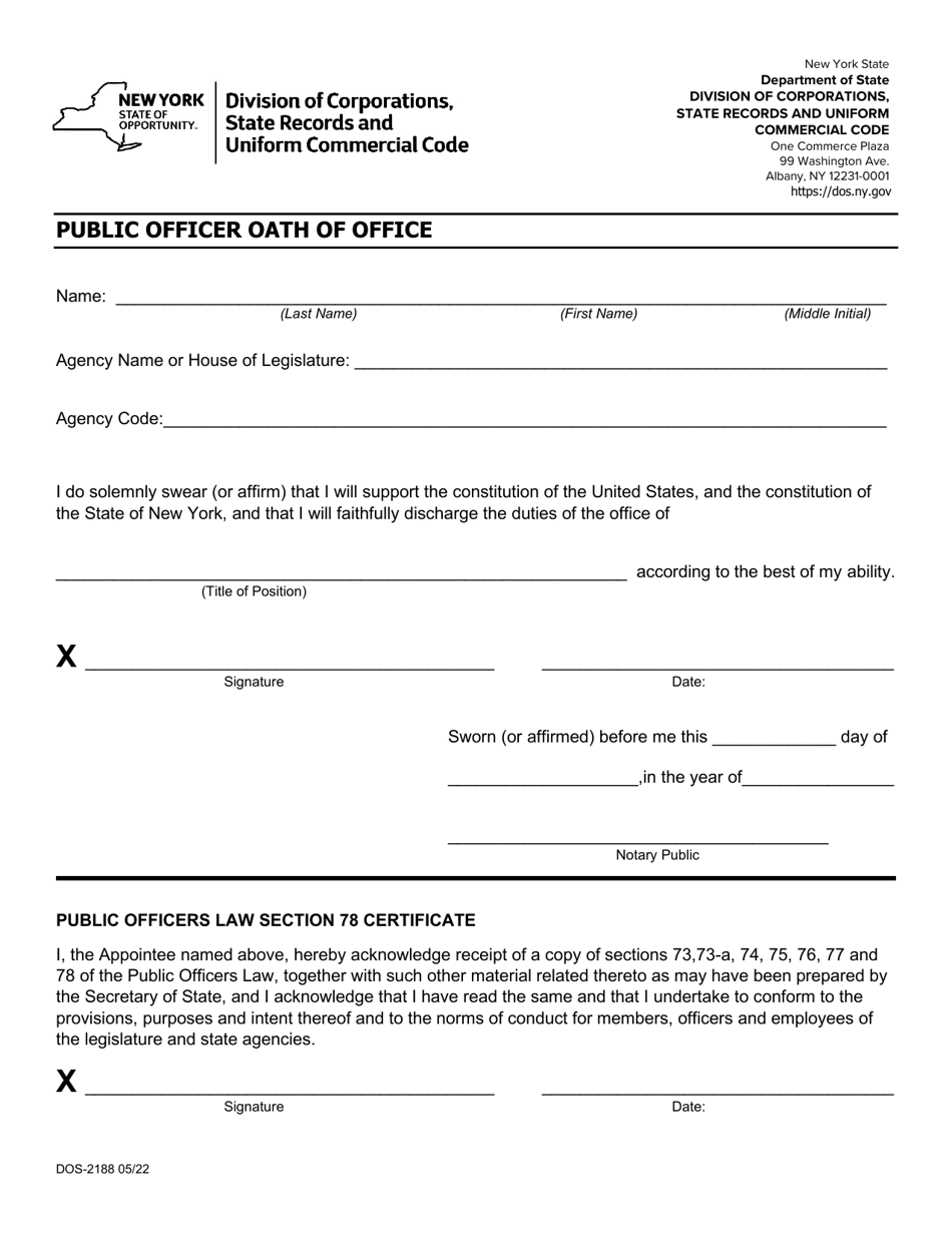 Form DOS-2188 Public Officer Oath of Office - New York, Page 1