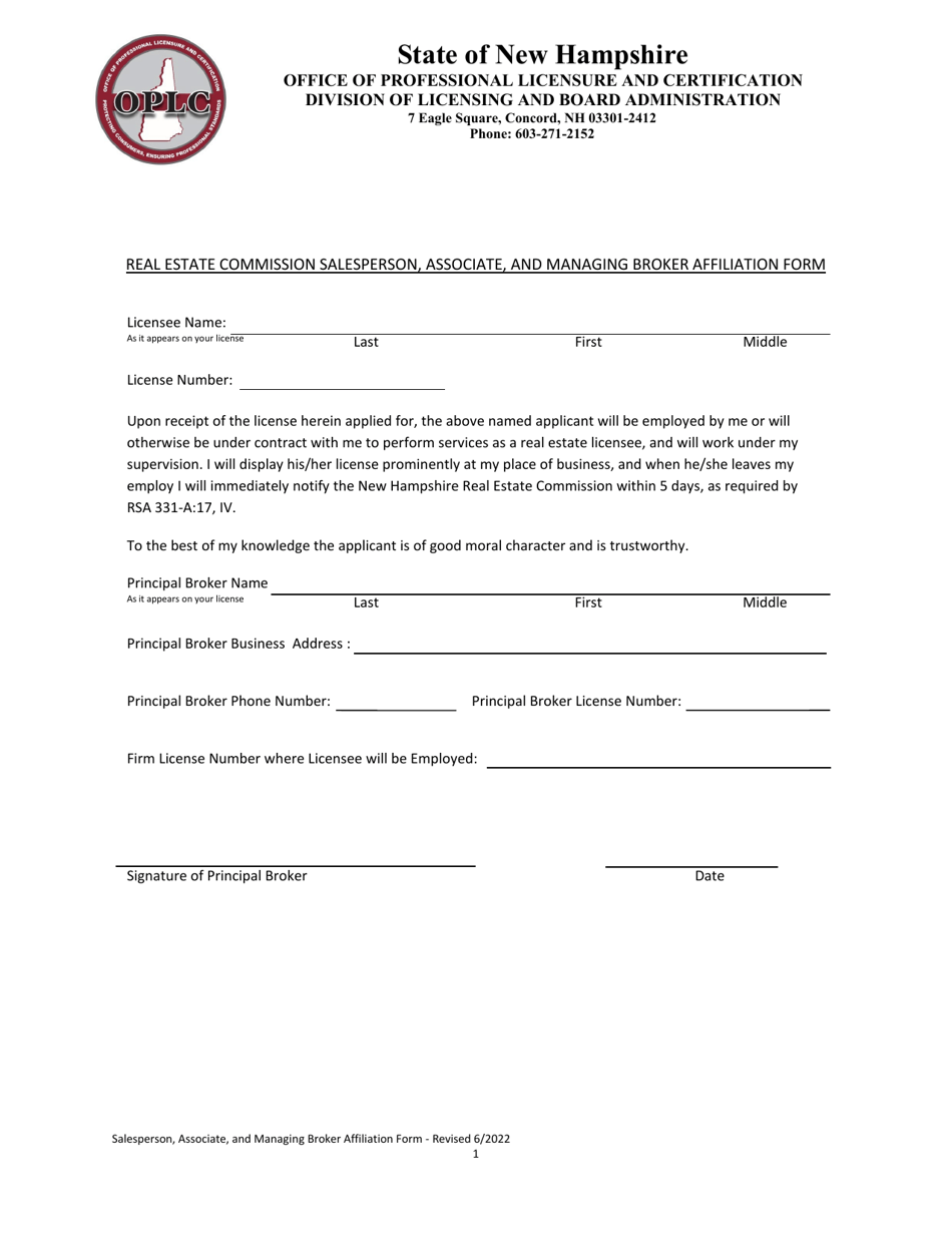 Real Estate Commission Salesperson, Associate, and Managing Broker Affiliation Form - New Hampshire, Page 1