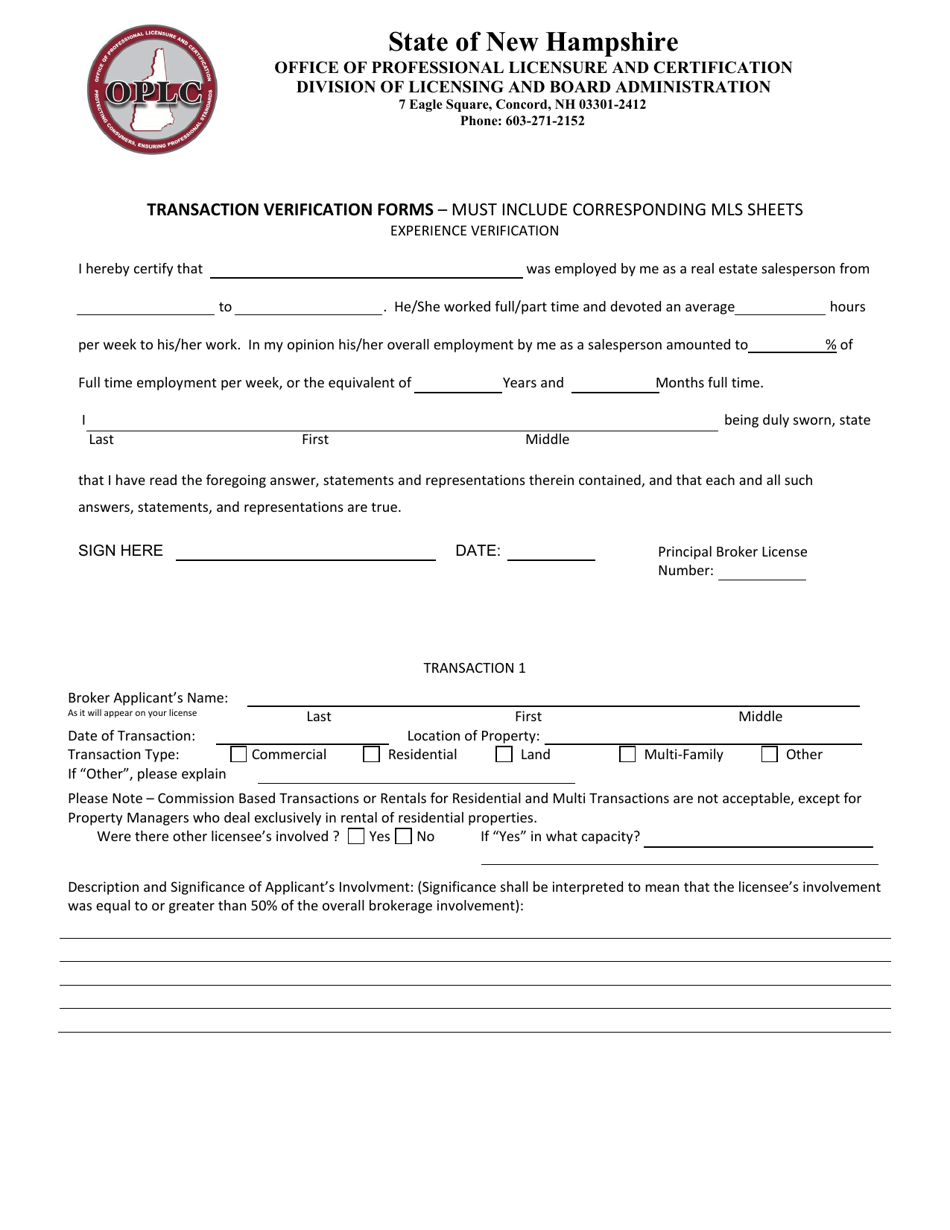 Transaction Verification Forms - New Hampshire, Page 1