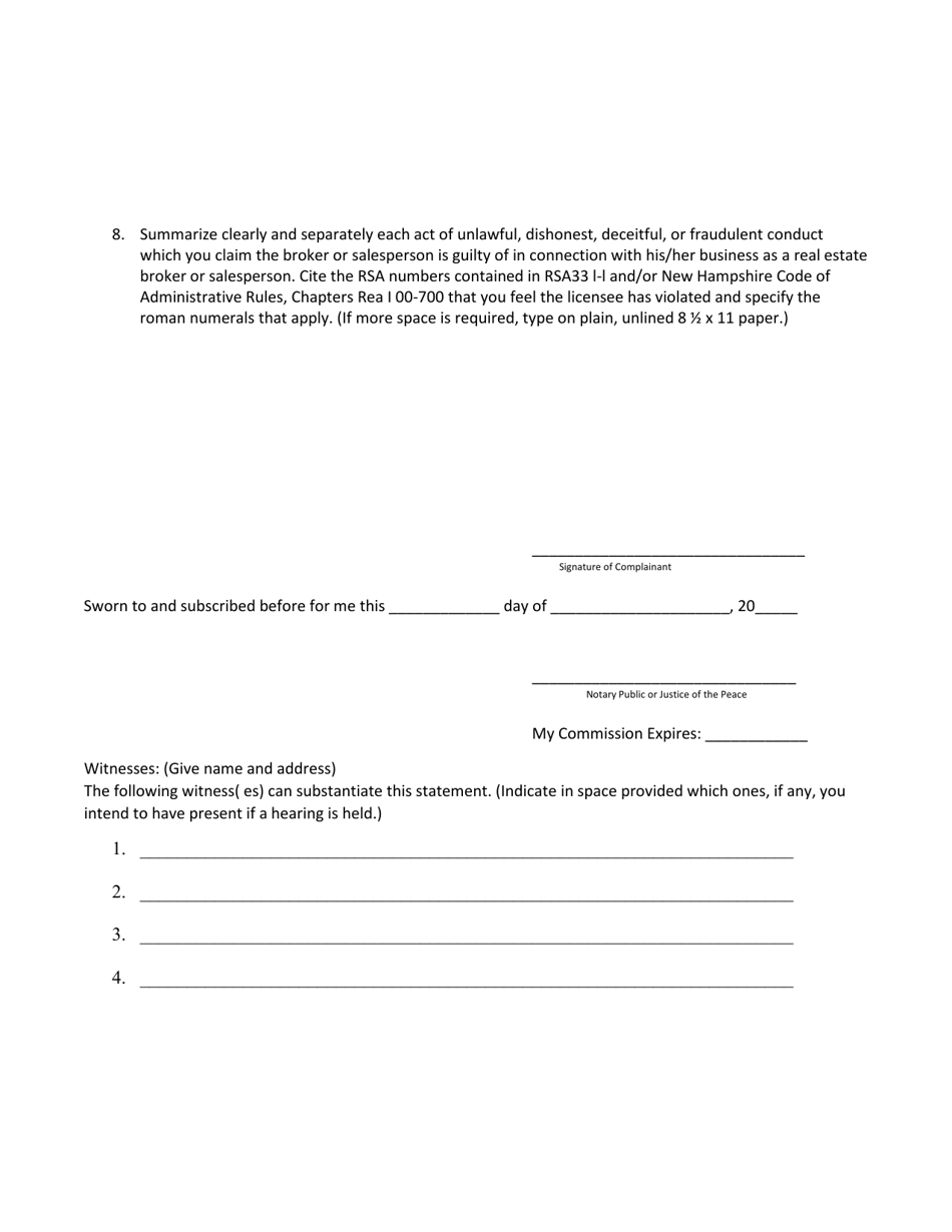 New Hampshire Complaint Form - Fill Out, Sign Online and Download PDF ...