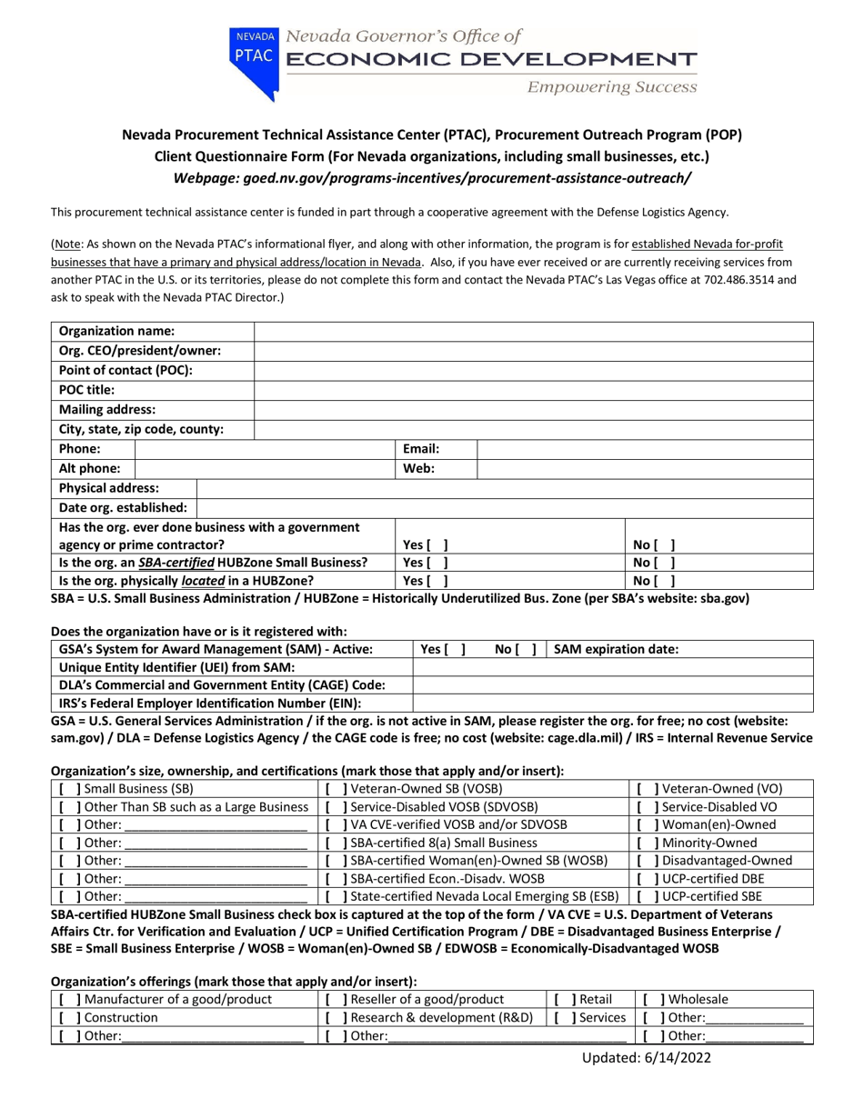 Client Questionnaire Form - Procurement Outreach Program - Nevada, Page 1