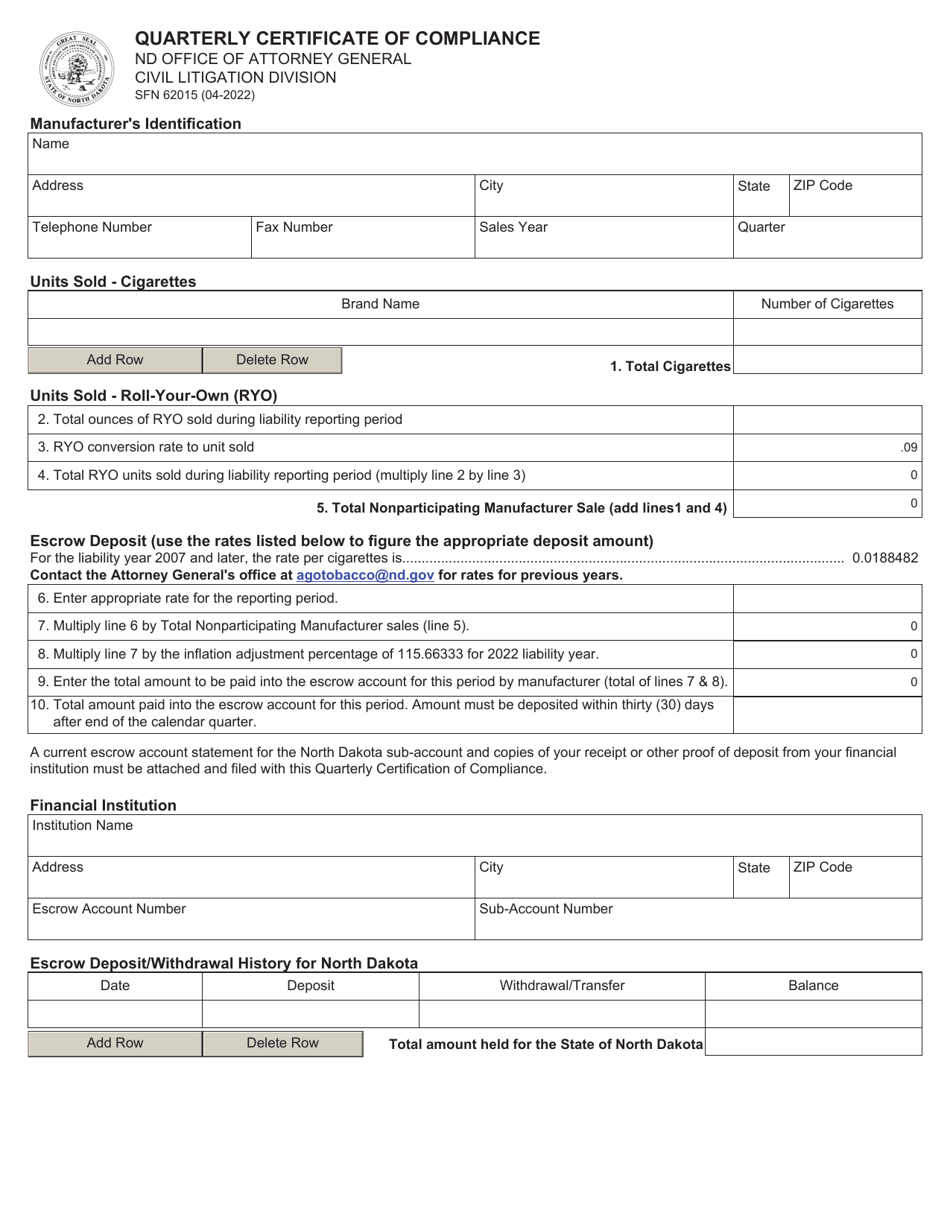 Form SFN62015 Quarterly Certificate of Compliance - North Dakota, Page 1