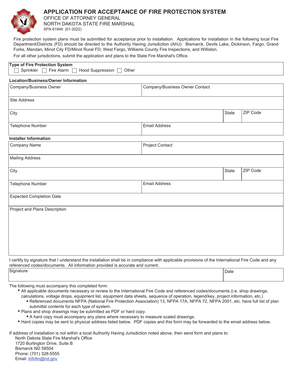 Form SFN61949 Application for Acceptance of Fire Protection System - North Dakota, Page 1