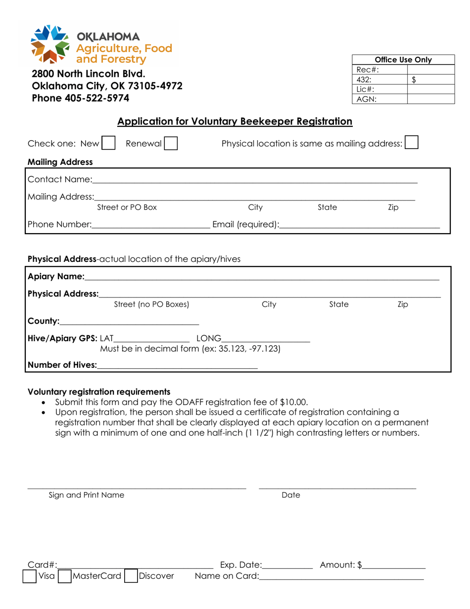 Application for Voluntary Beekeeper Registration - Oklahoma, Page 1