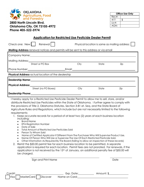 Application for Restricted Use Pesticide Dealer Permit - Oklahoma