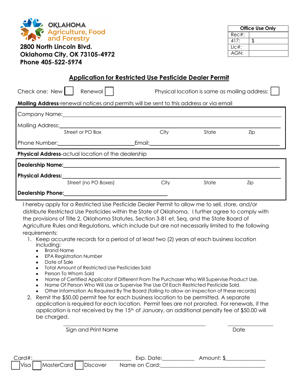 Application for Restricted Use Pesticide Dealer Permit - Oklahoma, Page 1