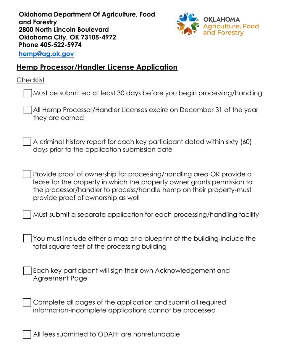 Oklahoma Hemp Processor/Handler License Application Fill Out, Sign