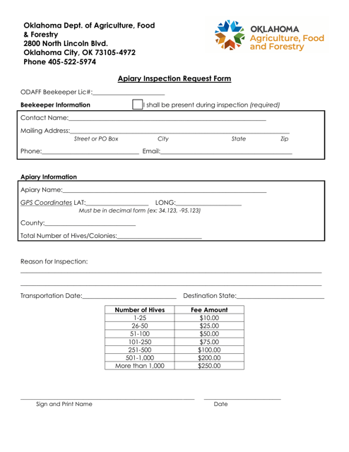 Apiary Inspection Request Form - Oklahoma Download Pdf