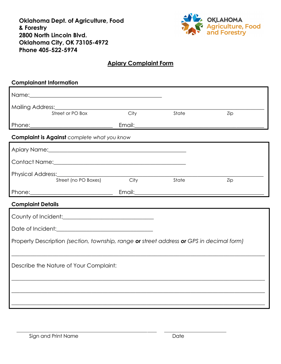 Apiary Complaint Form - Oklahoma, Page 1