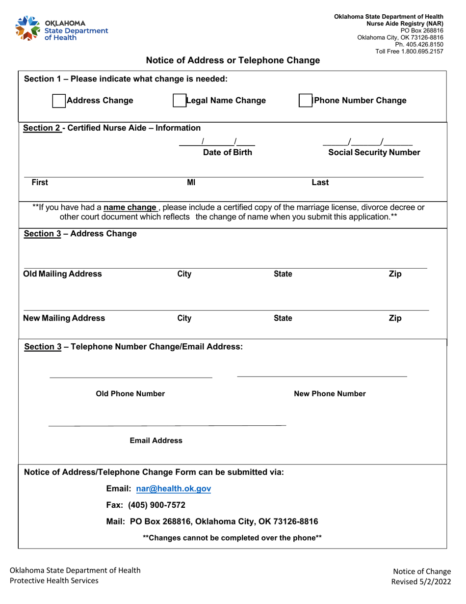 Oklahoma Notice of Address or Telephone Change Fill Out, Sign Online