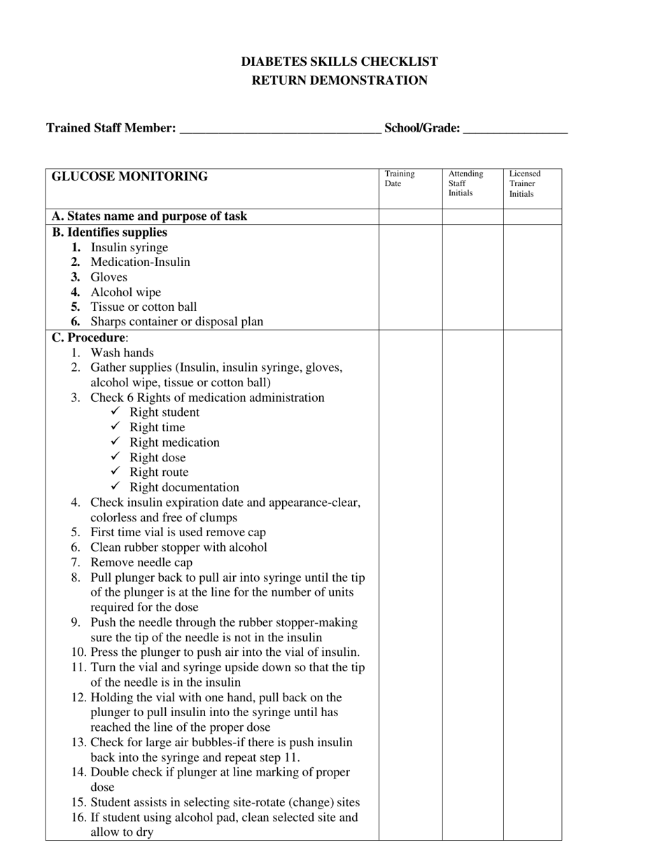 Diabetes Skills Checklist Return Demonstration - Oklahoma, Page 1