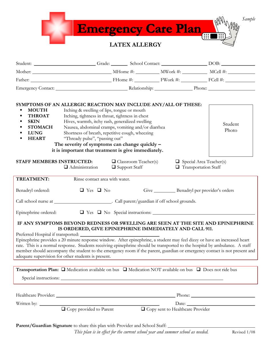 Emergency Care Plan - Latex Allergy - Oklahoma, Page 1