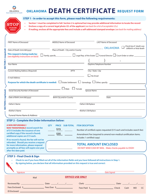 Oklahoma Death Certificate Request Form - Oklahoma Download Pdf