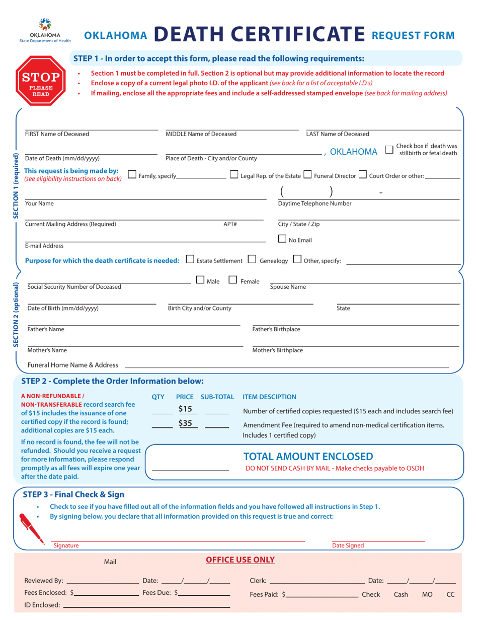 Oklahoma Death Certificate Request Form - Oklahoma, Page 1