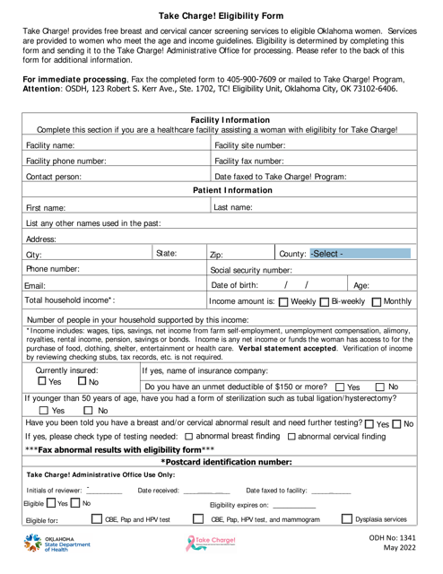 ODH Form 1341 Take Charge! Eligibility Form - Oklahoma