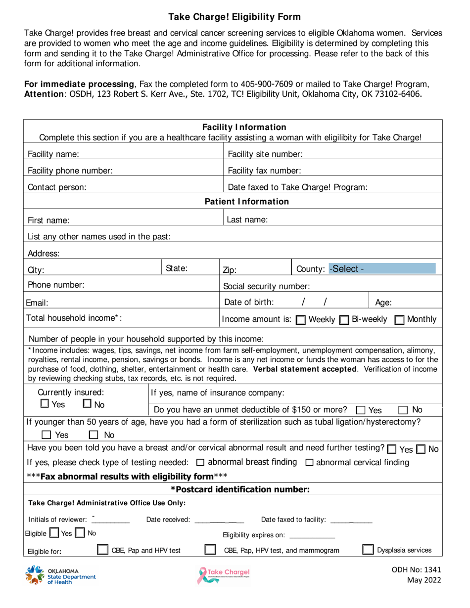 ODH Form 1341 Take Charge! Eligibility Form - Oklahoma, Page 1