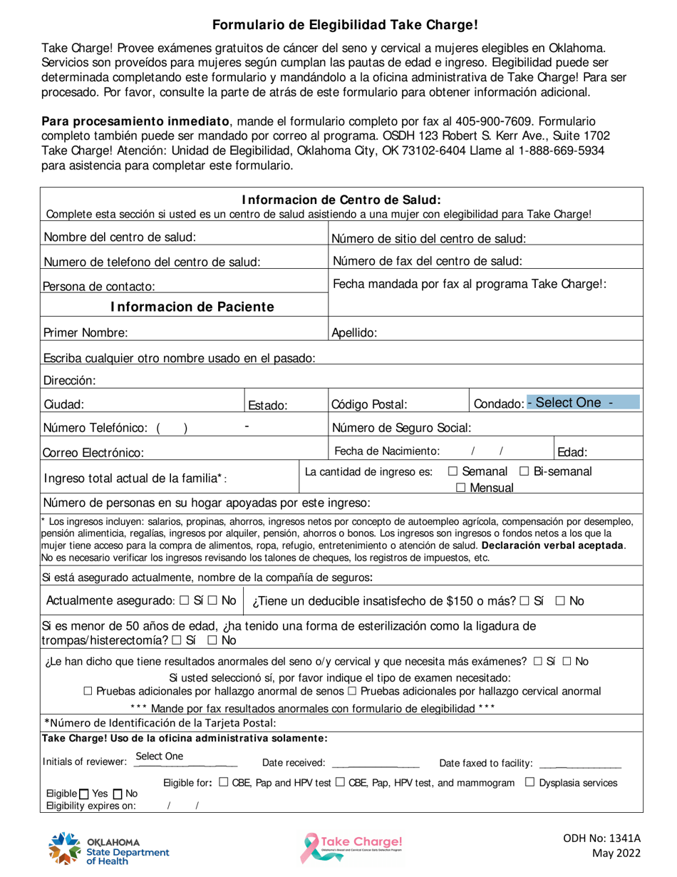 ODH Formulario 1341A Formulario De Elegibilidad Take Charge! - Oklahoma (Spanish), Page 1