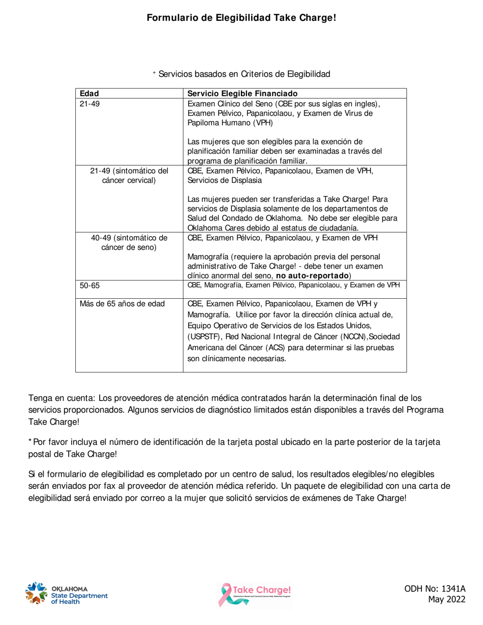 ODH Formulario 1341A Formulario De Elegibilidad Take Charge! - Oklahoma (Spanish), Page 2