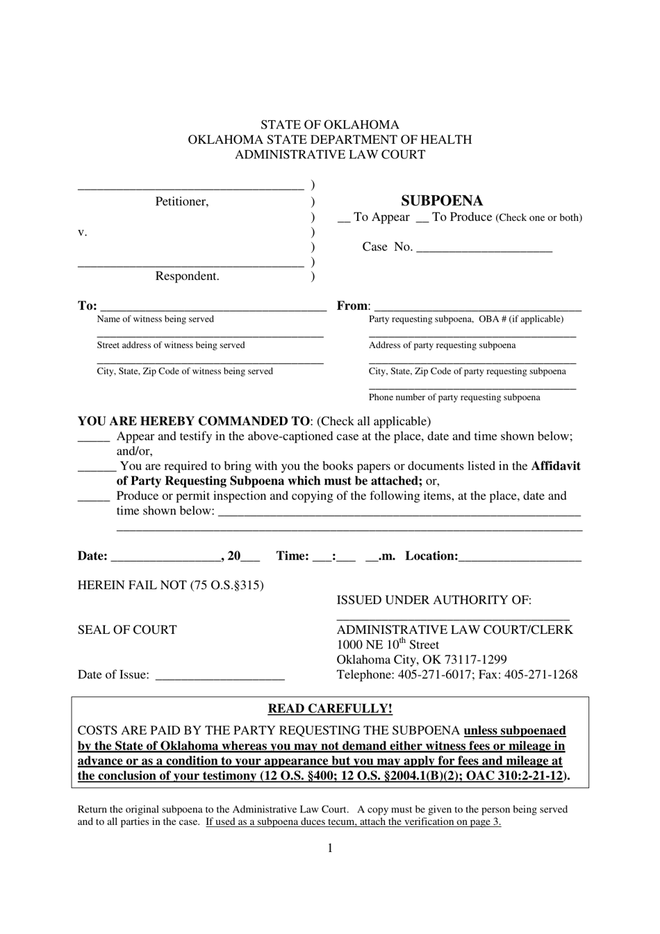 Subpoena - Oklahoma, Page 1