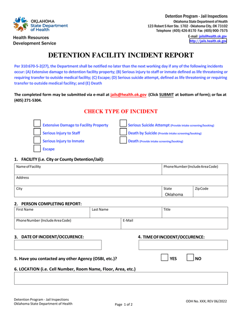 Detention Facility Incident Report Form - Oklahoma Download Pdf
