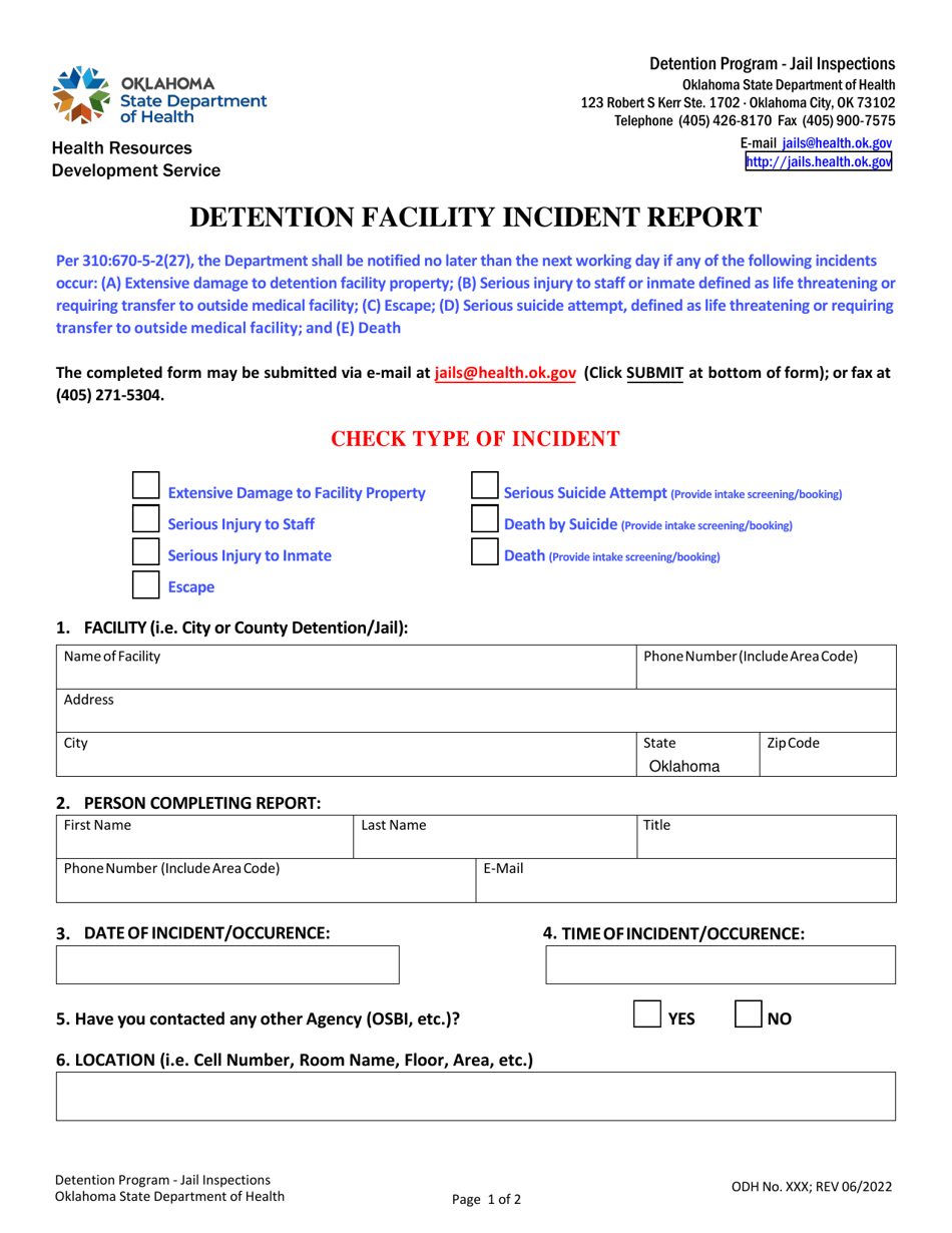 Detention Facility Incident Report Form - Oklahoma, Page 1