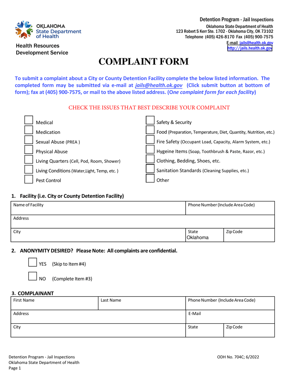 ODH Form 704C Detention Facility Complaint Form - Oklahoma, Page 1