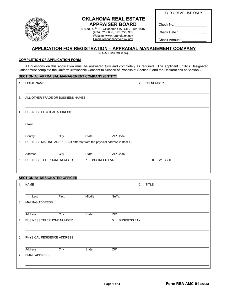Form REA-AMC-01 Application for Registration - Appraisal Management Company - Oklahoma, Page 1