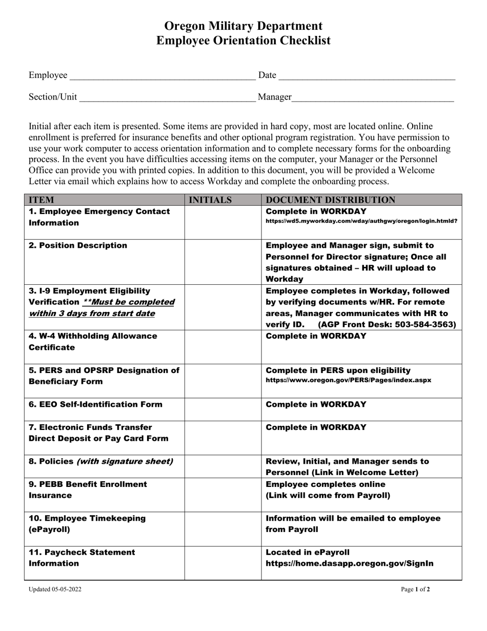 Employee Orientation Checklist - Oregon, Page 1