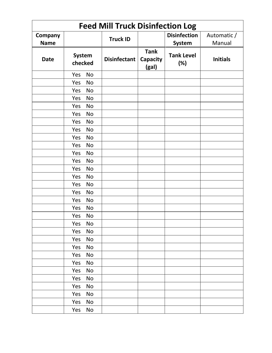 Feed Mill Truck Disinfection Log - Pennsylvania, Page 1