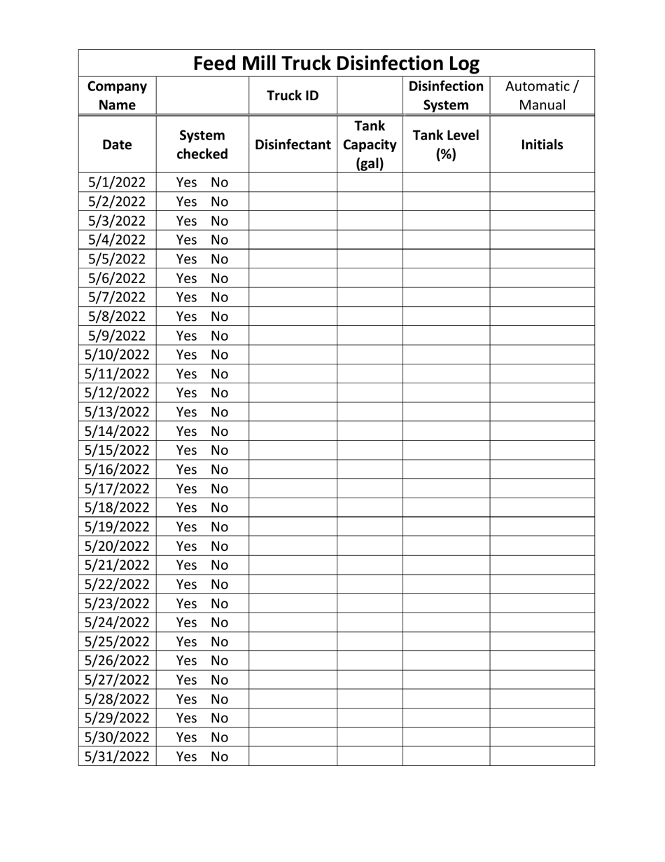 Feed Mill Truck Disinfection Log - Pennsylvania, Page 2