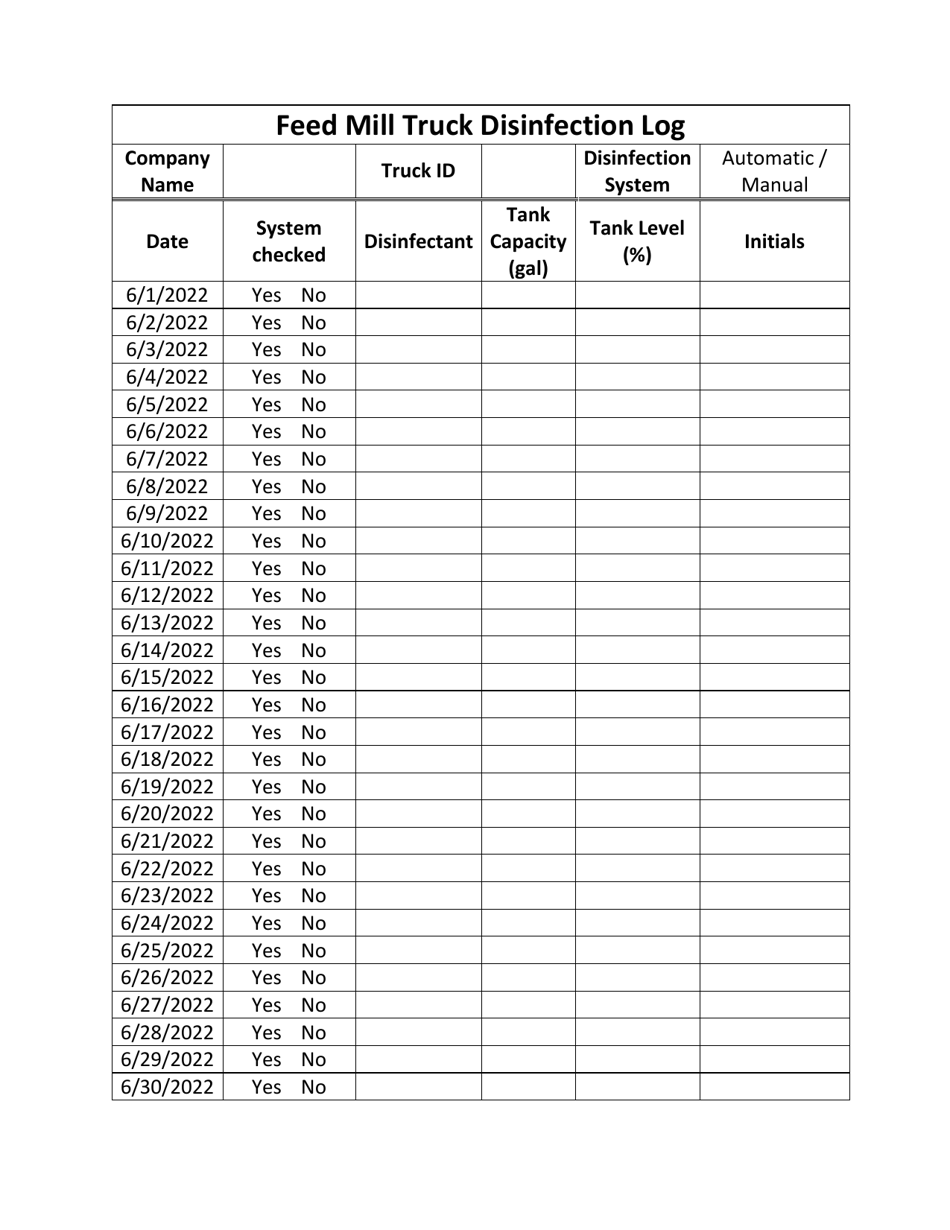 Feed Mill Truck Disinfection Log - Pennsylvania, Page 3