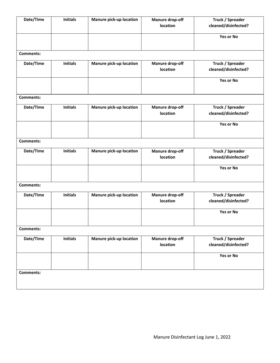 Manure Truck / Spreader Disinfectant Log - Pennsylvania, Page 2