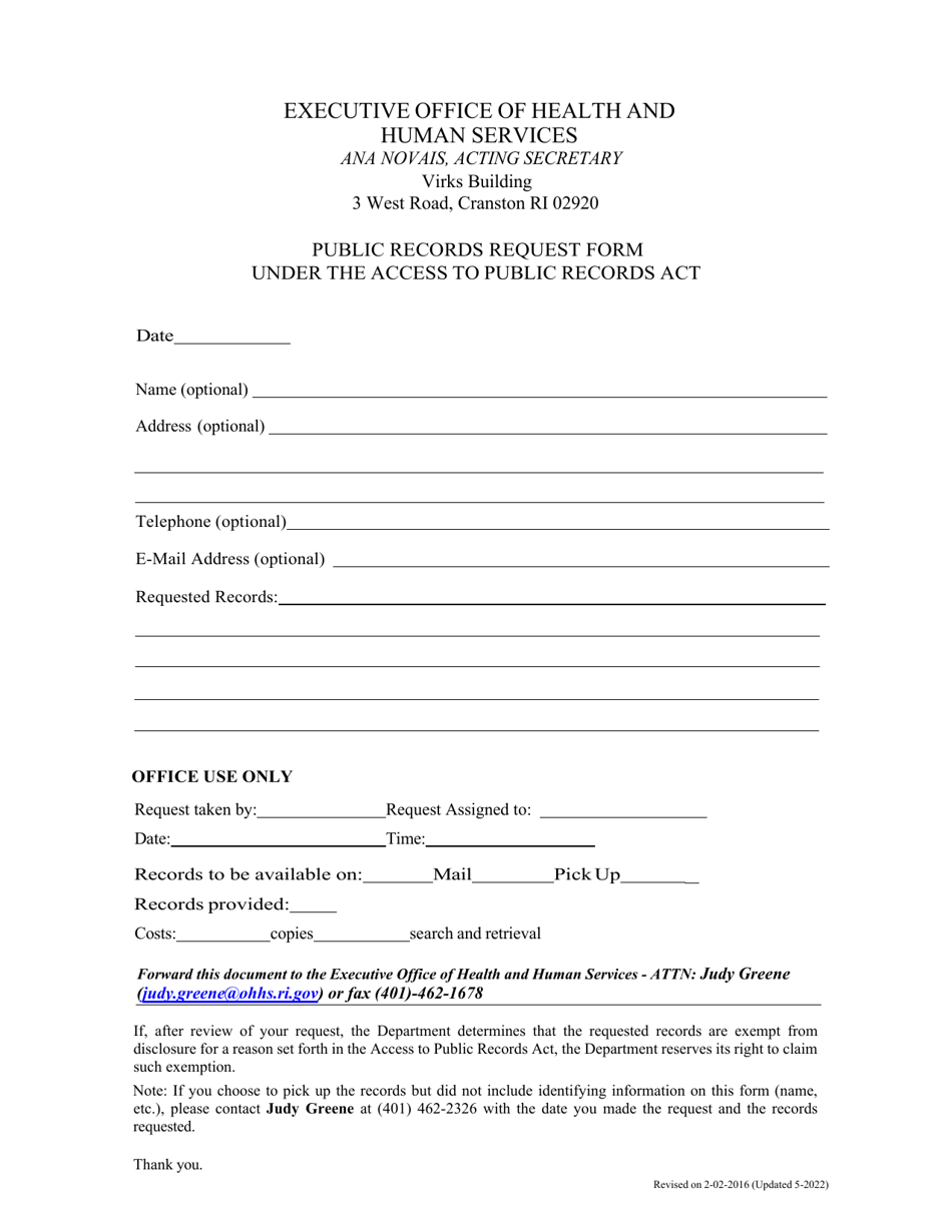 Rhode Island Public Records Request Form Under the Access to Public ...
