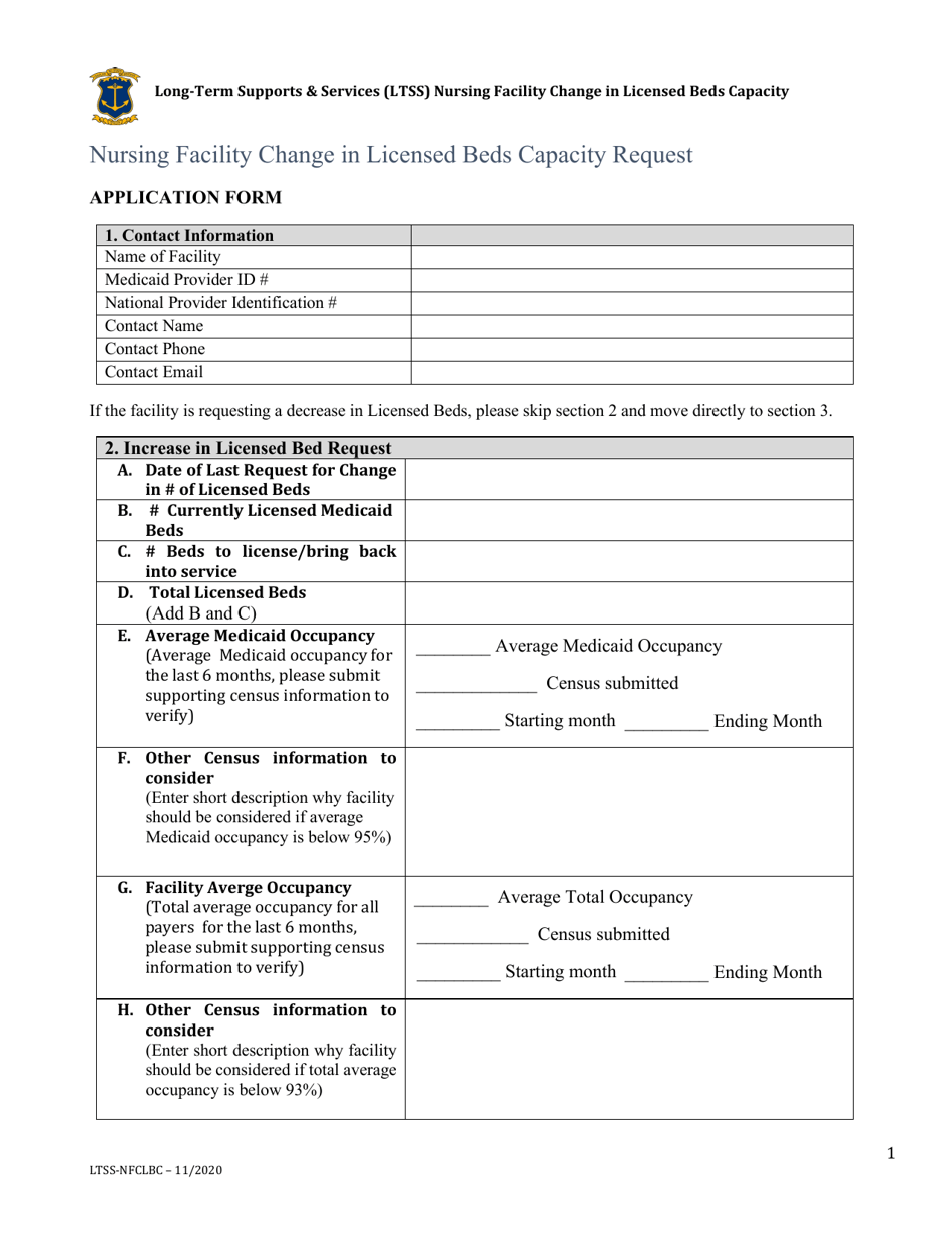 Nursing Facility Change in Licensed Beds Capacity Request Form - Rhode Island, Page 1