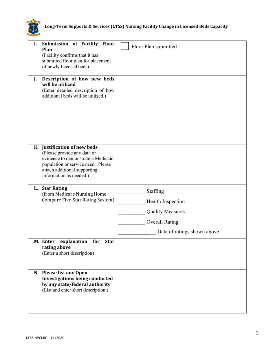 Nursing Facility Change in Licensed Beds Capacity Request Form - Rhode Island, Page 2